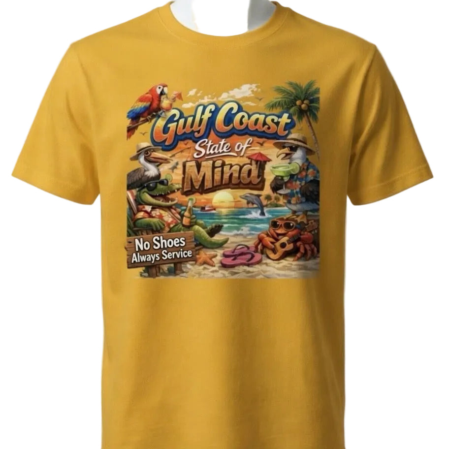 A yellow short-sleeve t-shirt displayed on a white mannequin torso against a light gray background. The shirt features a colorful graphic print on the front with the text 'Gulf Coast State of Mind' and 'No Shoes Always Service' over a tropical beach scene.