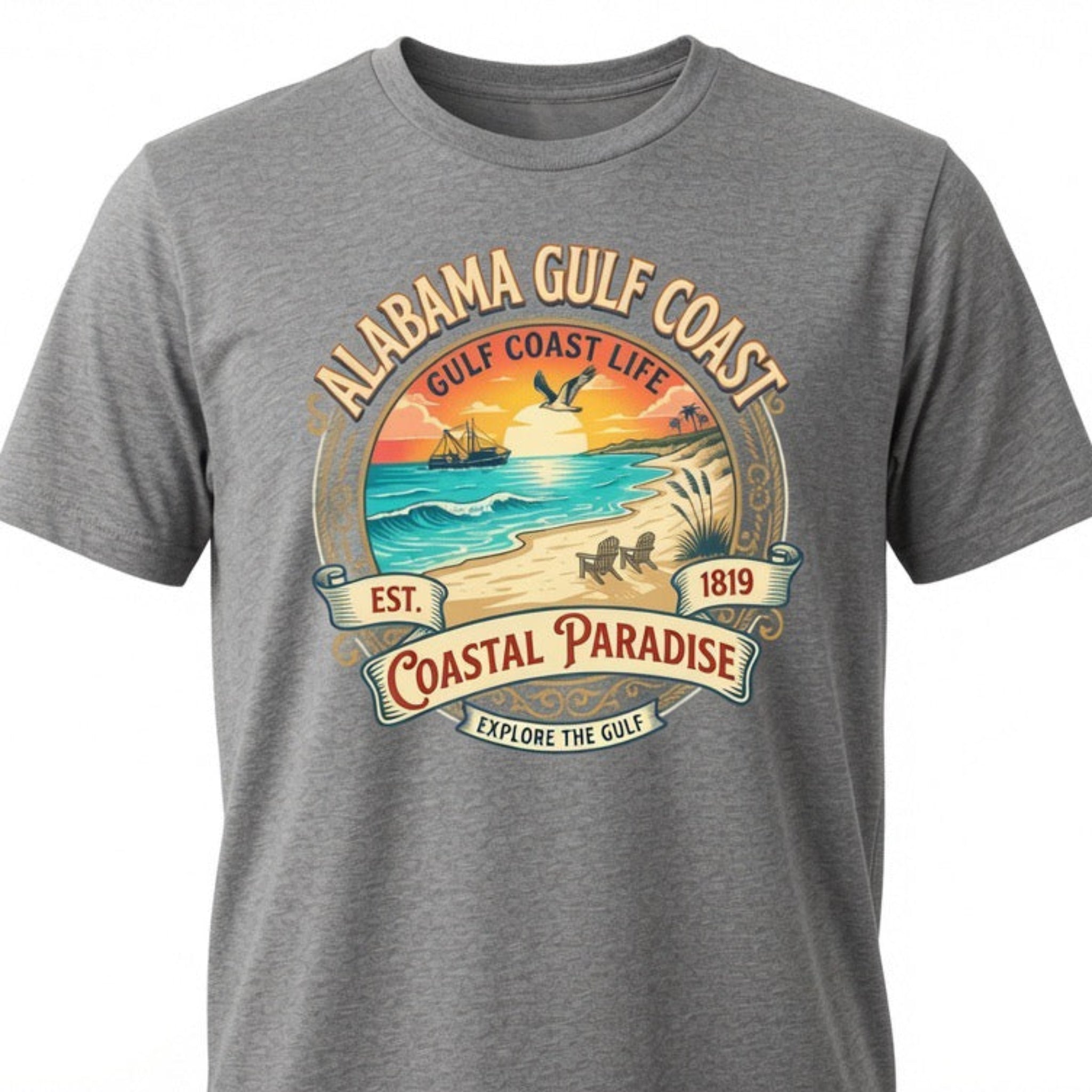 A heather gray short-sleeve t-shirt with a vintage-style graphic on the chest depicting a beach scene and the text 'Alabama Gulf Coast' and 'Coastal Paradise'.