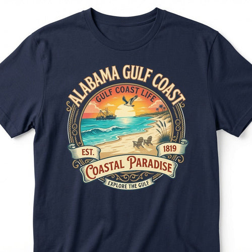 A navy blue short-sleeve t-shirt with a vintage-style graphic on the chest depicting a beach sunset and the text 'ALABAMA GULF COAST' and 'COASTAL PARADISE'.